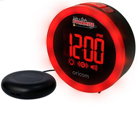 The compact and portable Wake ‘n’ Shake Dynamite is an alarm clock with features that are useful not only for the hard of hearing but also for heavy sleepers and students.