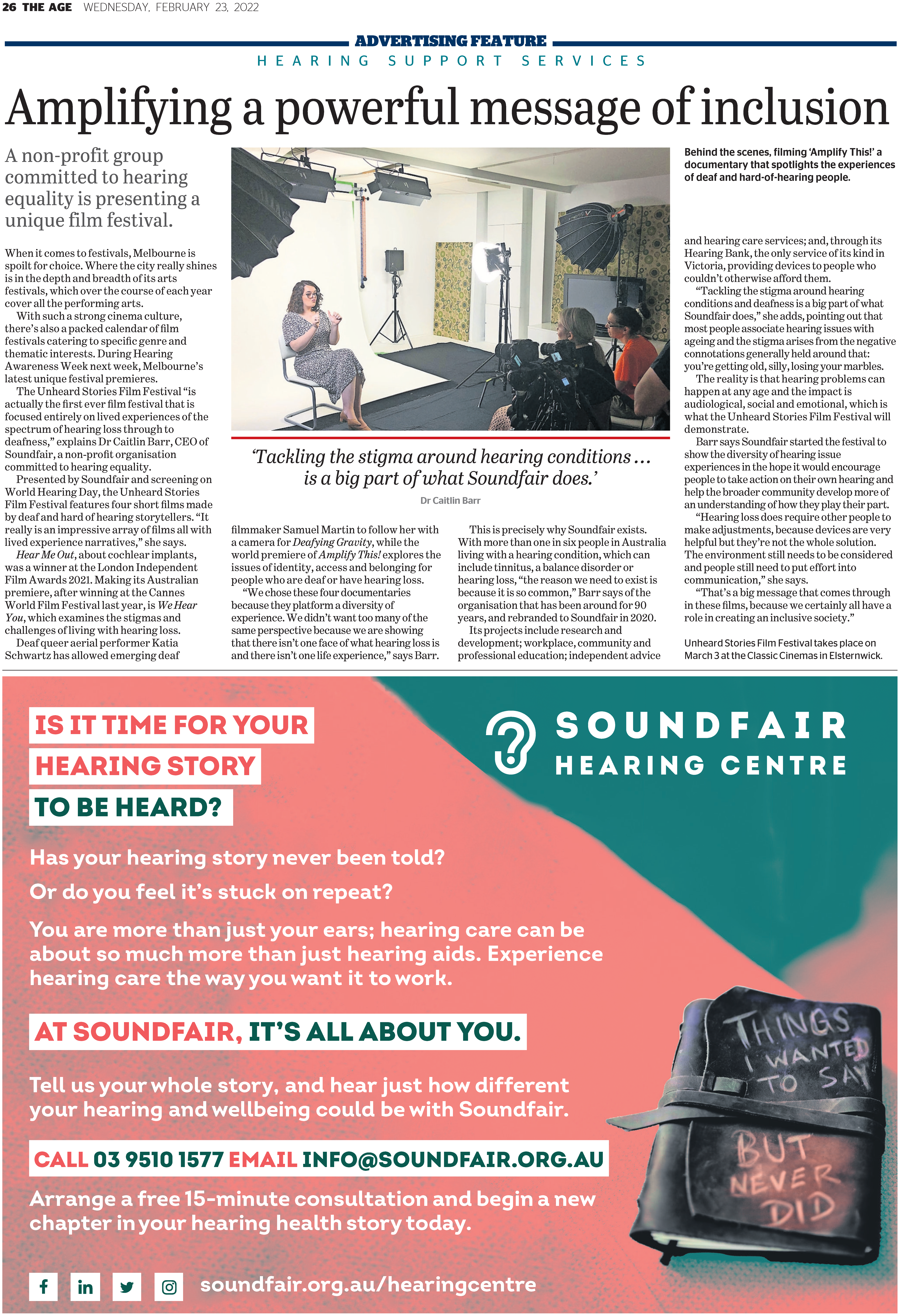 Headline: Amplifying a powerful message of inclusion. A woman sits under studio lights being filmed. The article is an interview with Soundfair CEO Dr Caitlin Barr.