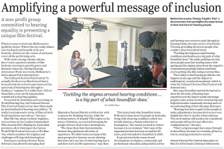 Newspaper article, headline: Amplifying a powerful message of inclusion. Features a photo of a woman sitting under studio lights being filmed.